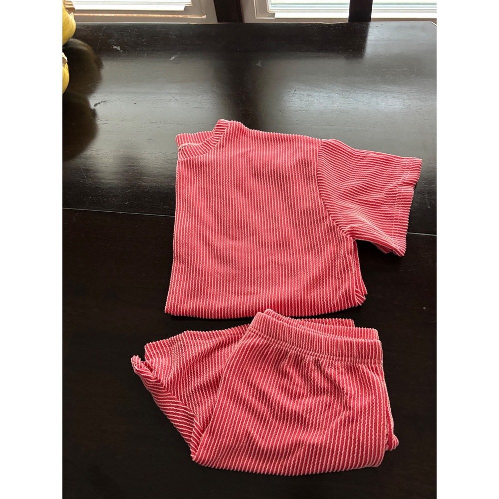 Womens Red White Striped Ribbed 2 Piece Lounge Set Oversized Top Shorts Medium